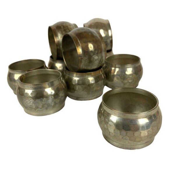 Hammered Silvertone Brass Napkin Rings Set Of 10 With Patina Finish Made In Indi - Picture 2 of 7